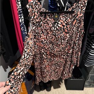 JM Collection Brown and Cream Wrap Blouse Long Sleeve